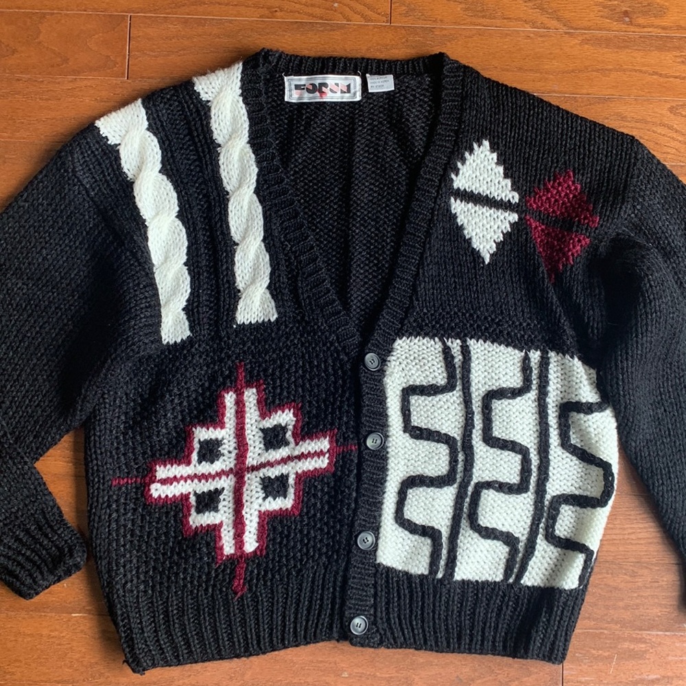 Vintage Forum 80s Textured Cardigan 3D Knit Cosby Black & White Size Large